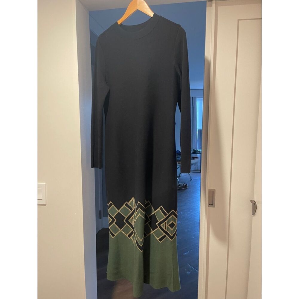 Peruvian Connection Black Long-Sleeve Knit Dress with Green Geometric Hem